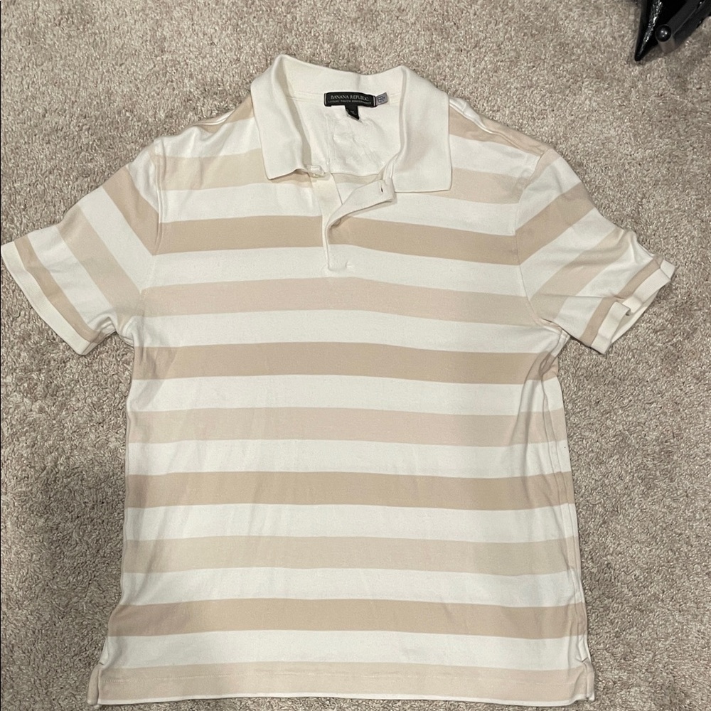 Banana Republic Men's Polo Shirt - Cream and Tan Stripes
